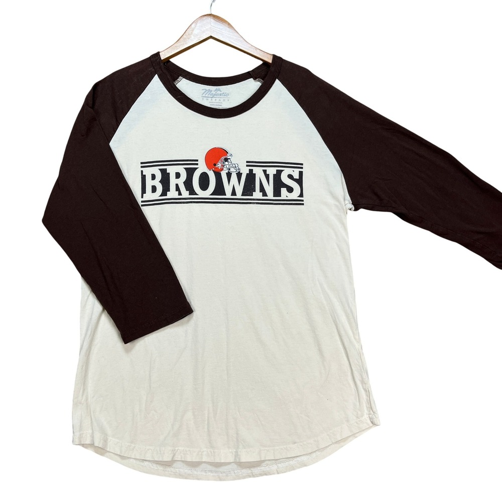 Cleveland Browns Majestic Pullover Men Small Cream Brown 3/4 Sleeve NFL USA MADE